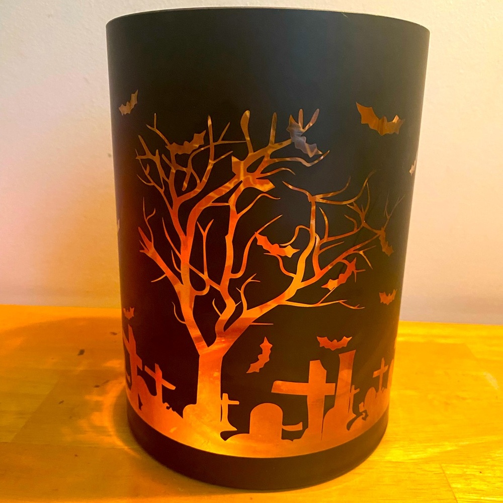 Halloween graveyard glass candle holder 8”